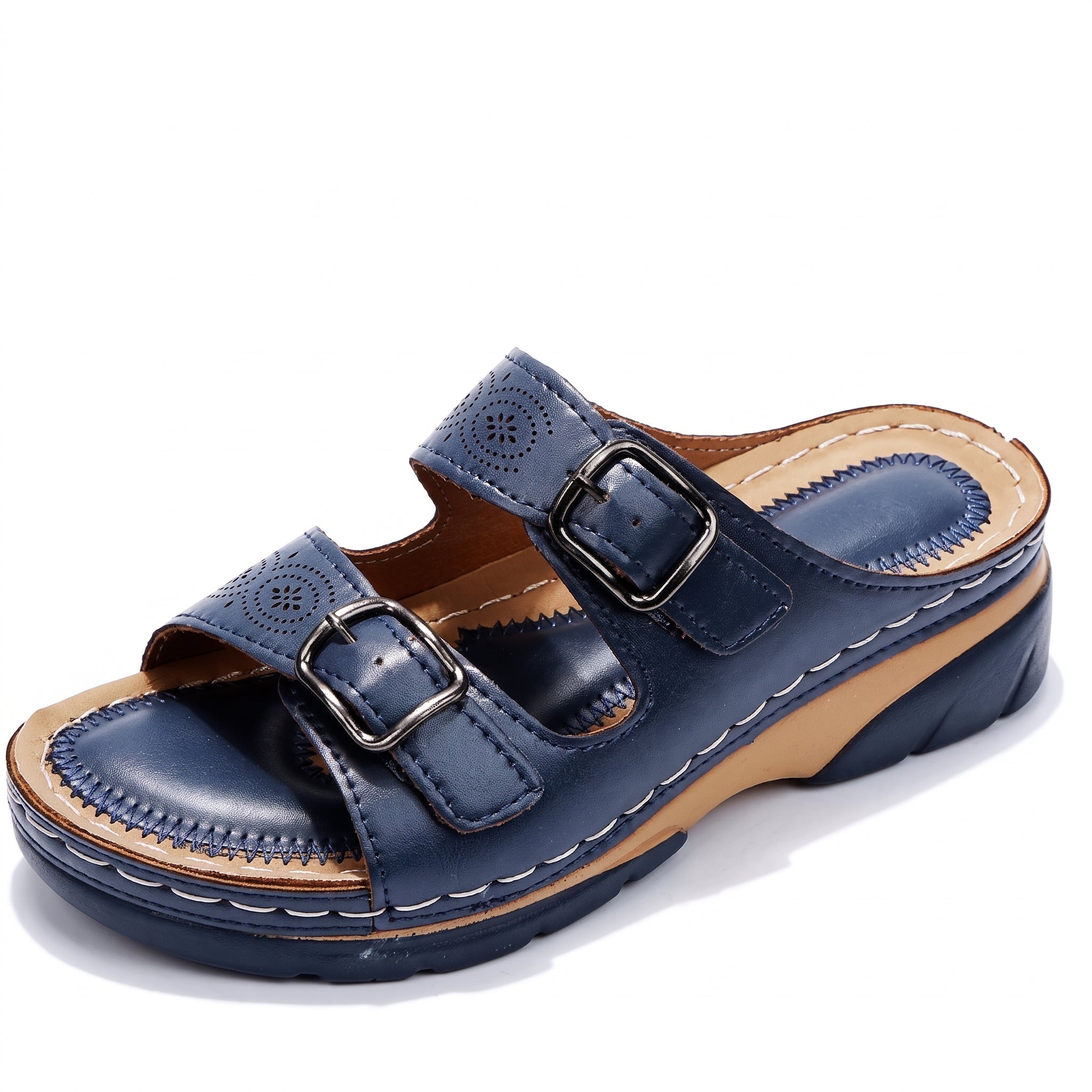 Alice – Women's Orthopaedic Double Buckle Strap Wedge Sandals - Sandals - Dark Blue - Davies & Cooper
