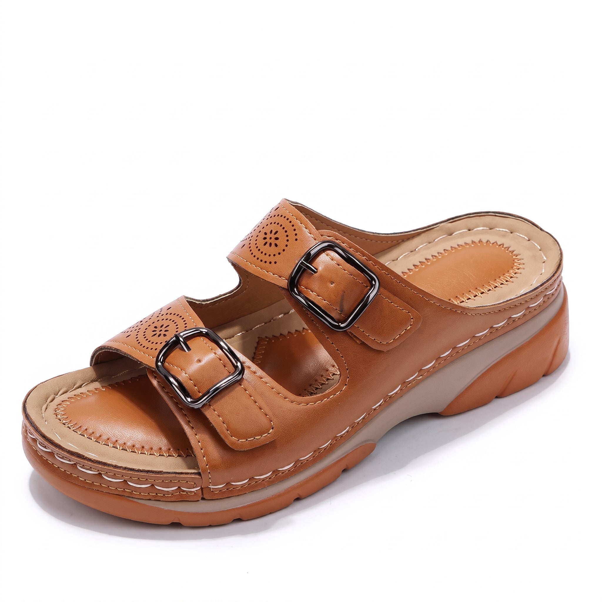 Alice – Women's Orthopaedic Double Buckle Strap Wedge Sandals - Sandals - Brown - Davies & Cooper