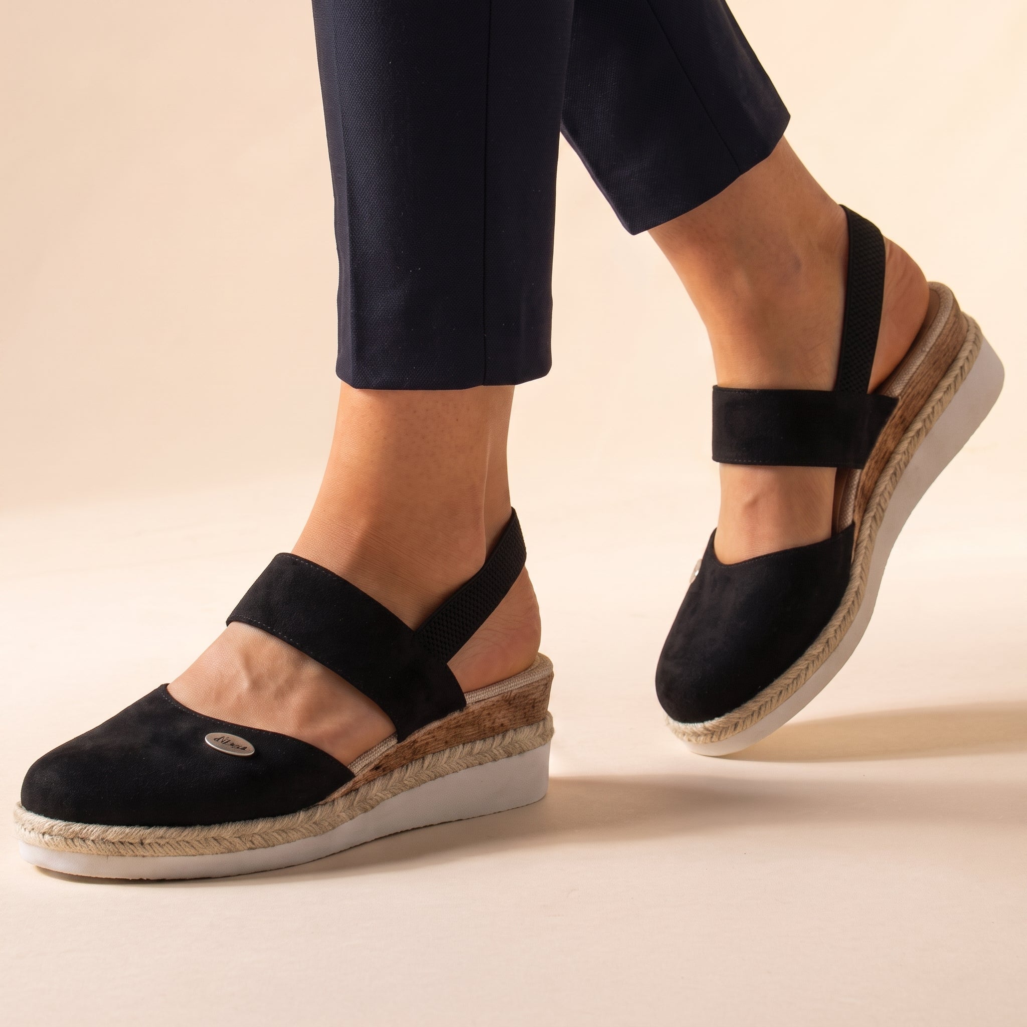 Alice - Women's Orthopaedic Espadrille Wedge Slingback Sandals - Sandals - Black - Davies & Cooper