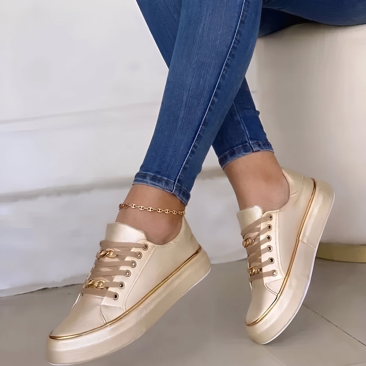 Alice - Women's Orthopaedic Lace-Up Platform Trainers with Gold Chain Detail - Sneakers - Gold - Davies & Cooper