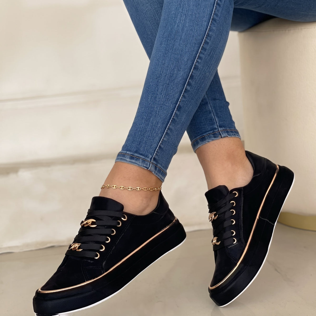 Alice - Women's Orthopaedic Lace-Up Platform Trainers with Gold Chain Detail - Sneakers - Black - Davies & Cooper