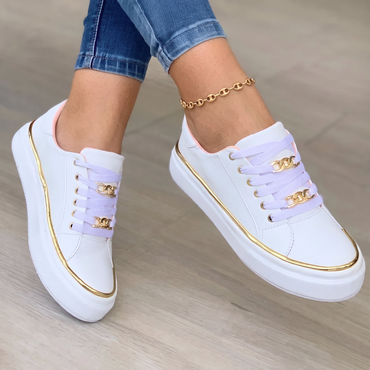 Alice - Women's Orthopaedic Lace-Up Platform Trainers with Gold Chain Detail - Sneakers - White - Davies & Cooper