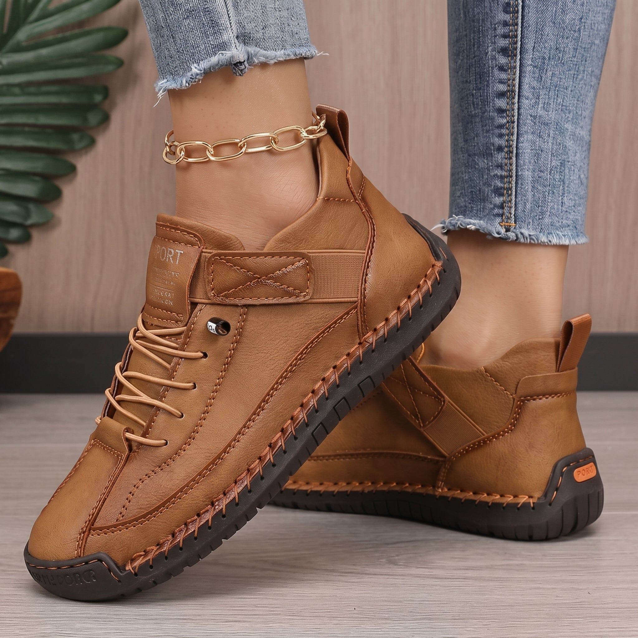 Alice - Women's Orthopaedic Lace-Up Trainers with Hand-Stitched Detail - Sneakers - Brown - Davies & Cooper