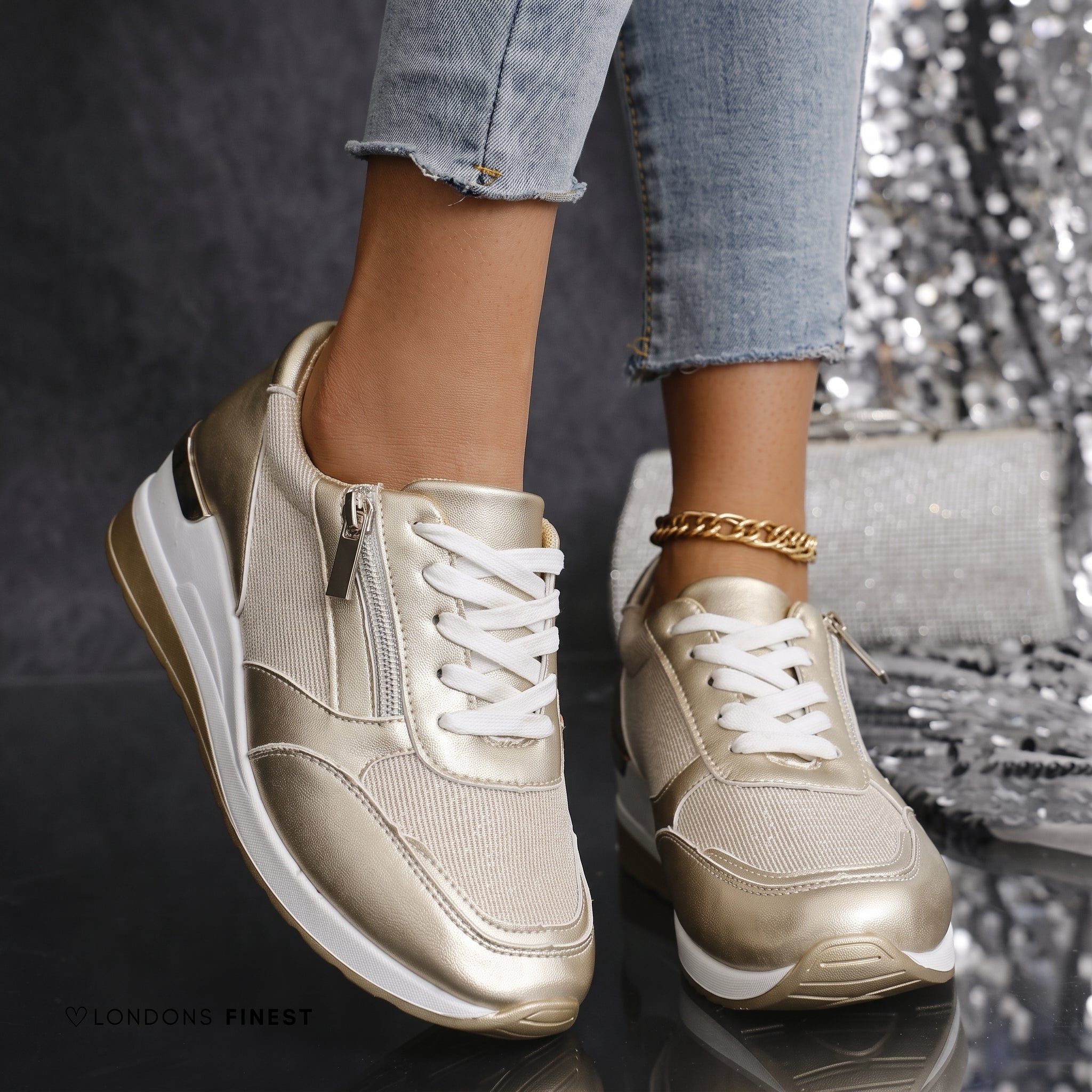 Alice - Women's Orthopaedic Lace-Up Trainers with Zip Closure - Sneakers - Gold - Davies & Cooper