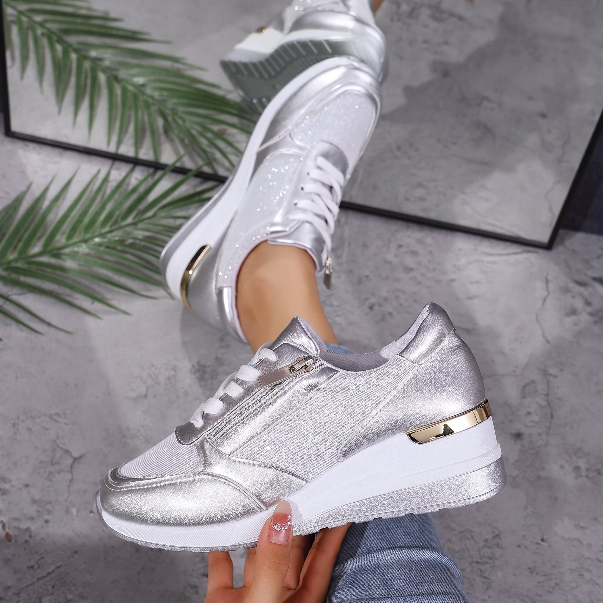 Alice - Women's Orthopaedic Lace-Up Trainers with Zip Closure - Sneakers - Silver - Davies & Cooper