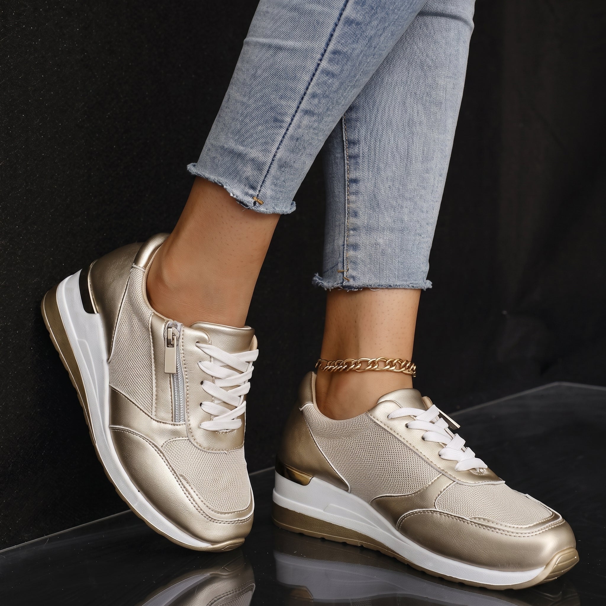 Alice - Women's Orthopaedic Lace-Up Trainers with Zip Closure - Sneakers - Gold - Davies & Cooper