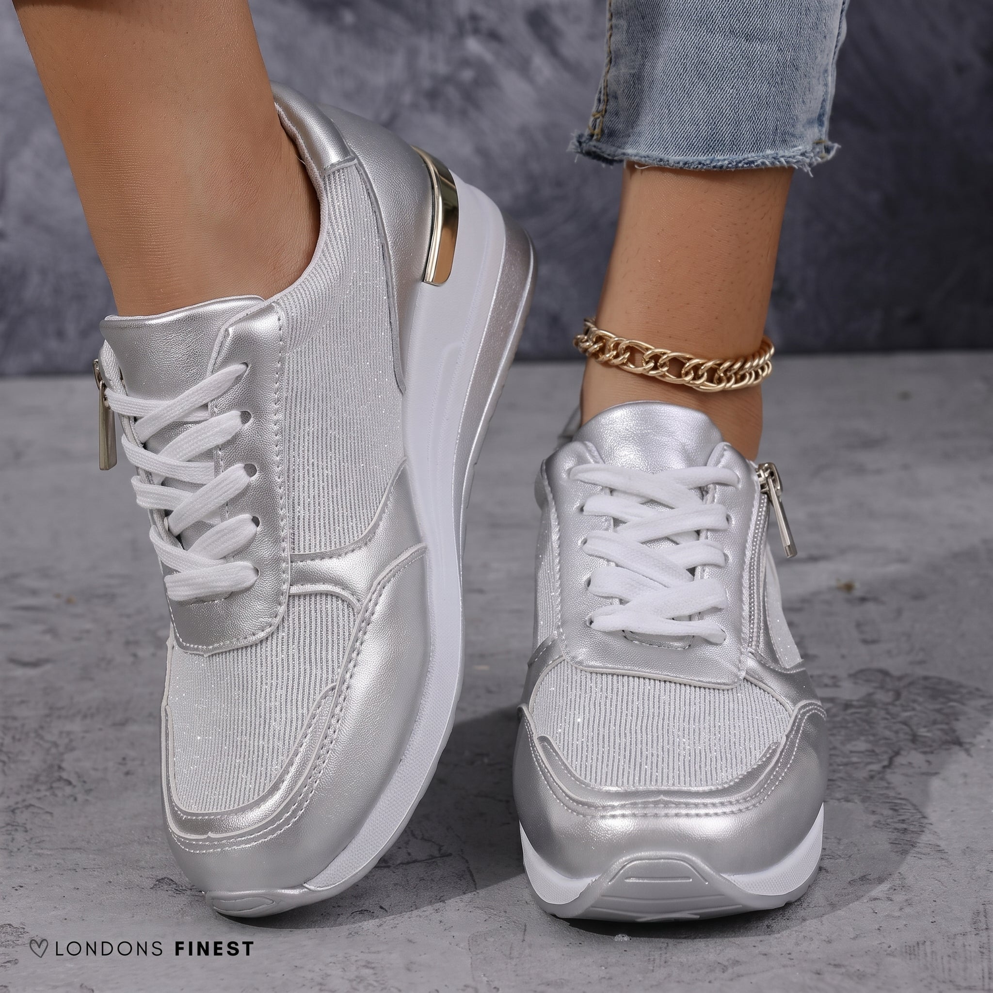 Alice - Women's Orthopaedic Lace-Up Trainers with Zip Closure - Sneakers - Gold - Davies & Cooper