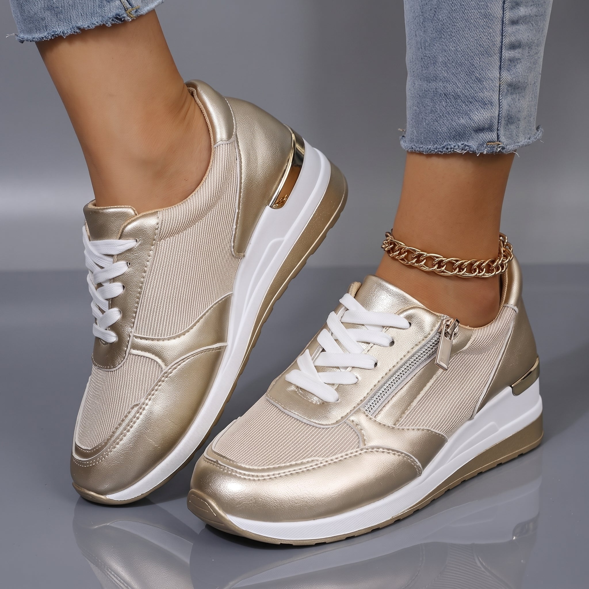 Alice - Women's Orthopaedic Lace-Up Trainers with Zip Closure - Sneakers - Gold - Davies & Cooper