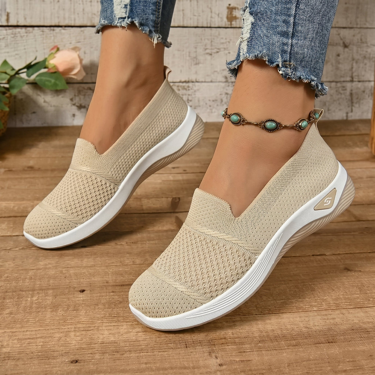 Alice - Women's Orthopaedic Lightweight Slip-On Trainers - Orthopaedic Shoes - Beige - Davies & Cooper