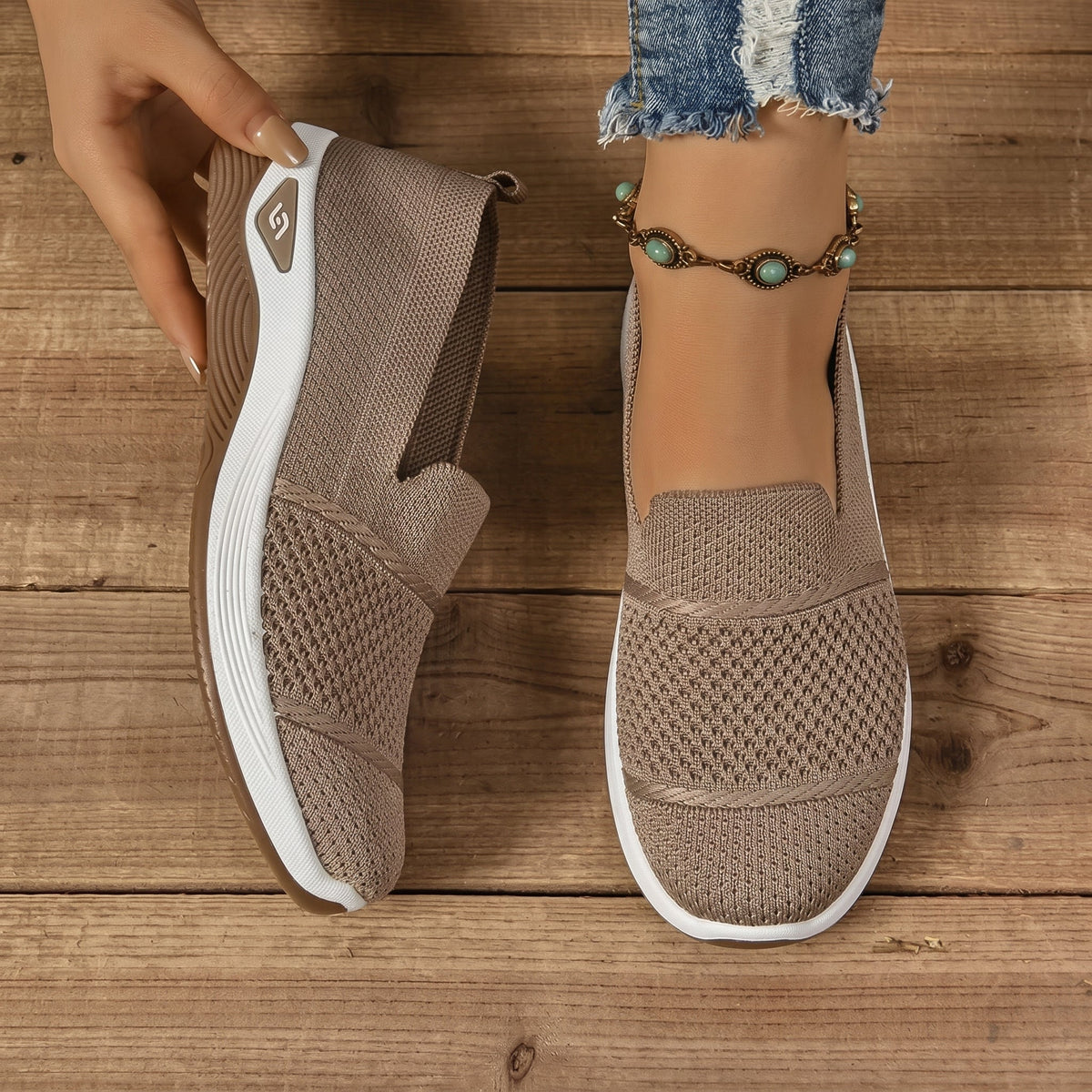 Alice - Women's Orthopaedic Lightweight Slip-On Trainers - Orthopaedic Shoes - Khaki - Davies & Cooper