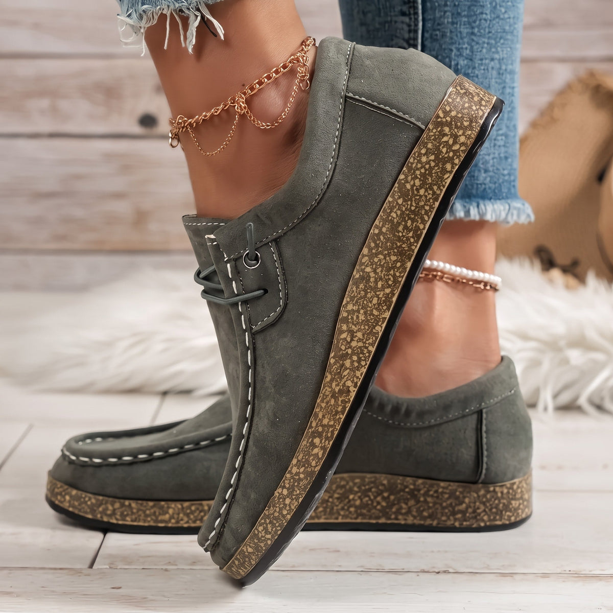 Alice - Women's Orthopaedic Moccasin Loafers with Cork Sole - Flats - Green - Davies & Cooper