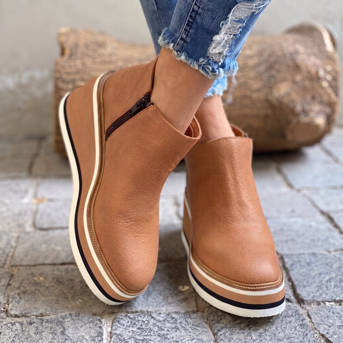 Alice - Women's Orthopaedic Platform Ankle Boots with Wedge Heel - Boots - Khaki - Davies & Cooper