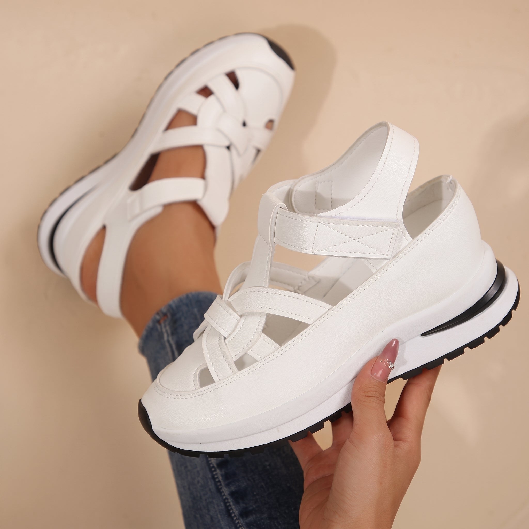 Alice - Women's Orthopaedic Platform Sandals with Velcro Strap - Sandals - White - Davies & Cooper