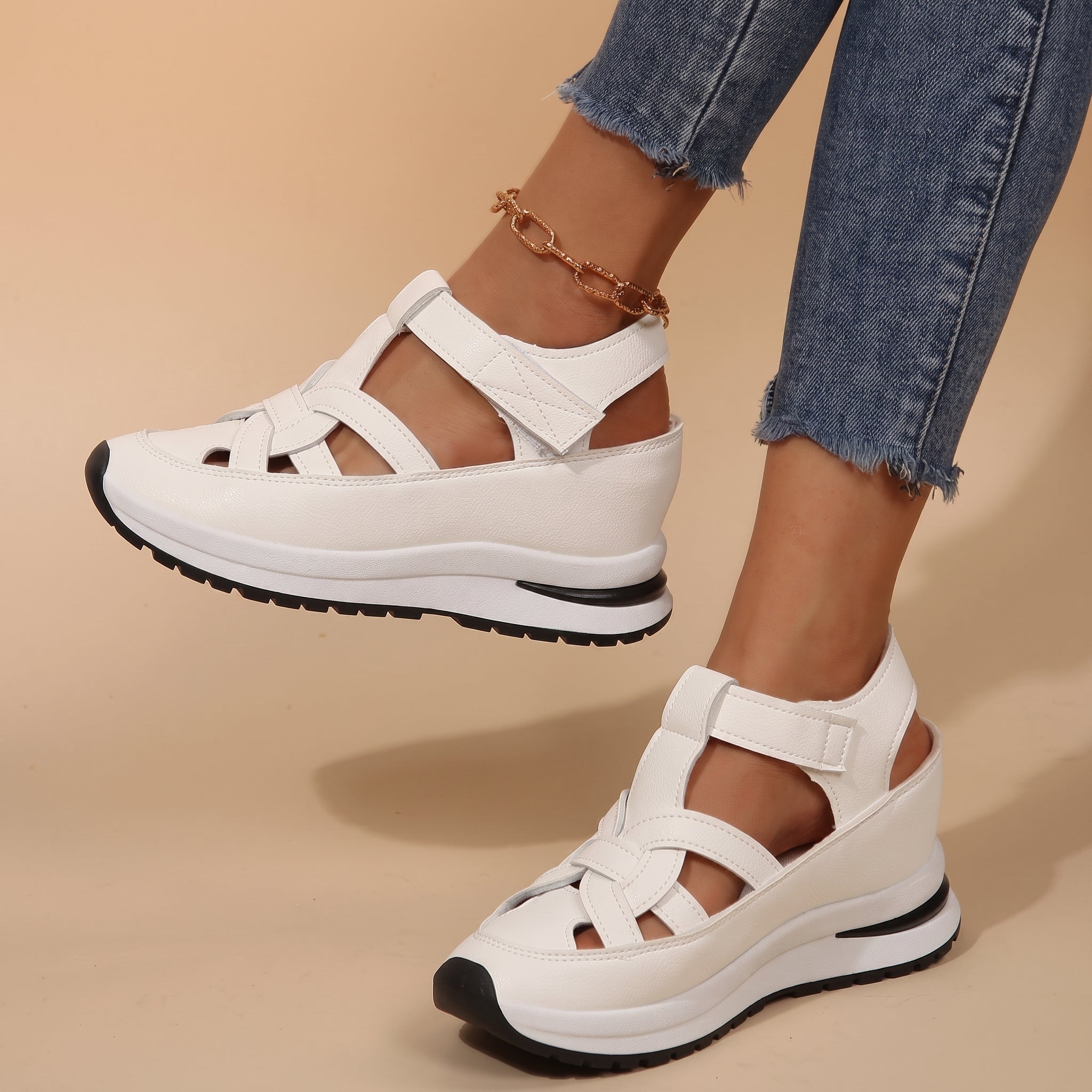 Alice - Women's Orthopaedic Platform Sandals with Velcro Strap - Sandals - White - Davies & Cooper