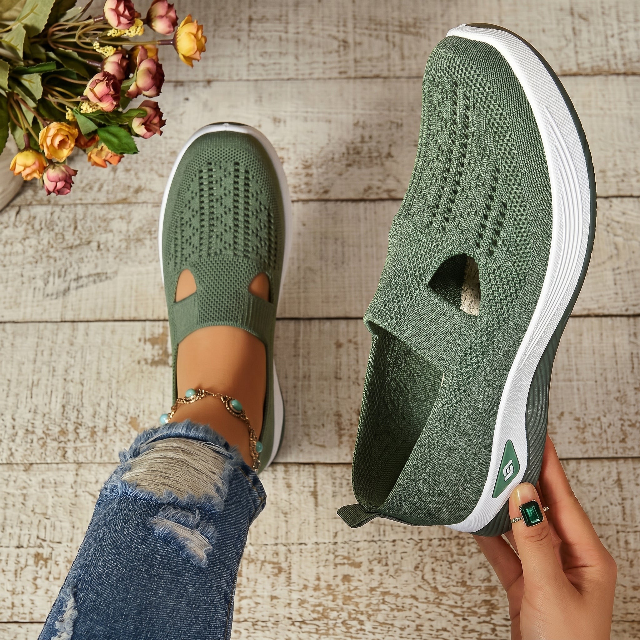 Alice - Women's Orthopaedic Slip-On Cushioned Trainers - Orthopaedic Shoes - Green - Davies & Cooper