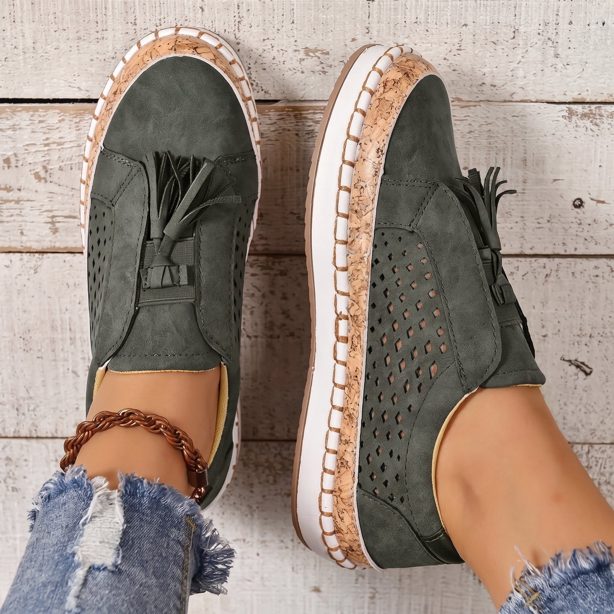 Alice - Women's Orthopaedic Slip-On Trainers with Tassel Detail - Flats - Green - Davies & Cooper