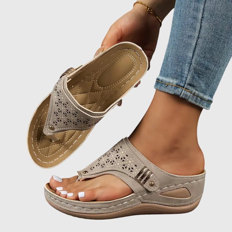 Alice - Women's Orthopaedic Wedge Sandals with Toe Post - Sandals - Brown - Davies & Cooper