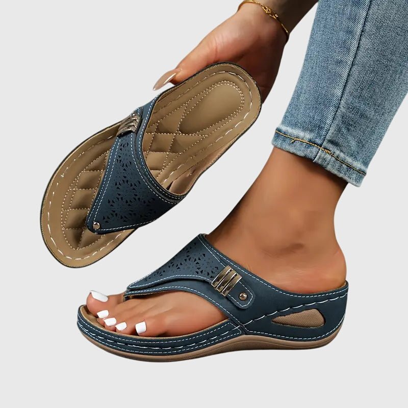 Alice - Women's Orthopaedic Wedge Sandals with Toe Post - Sandals - Navy - Davies & Cooper