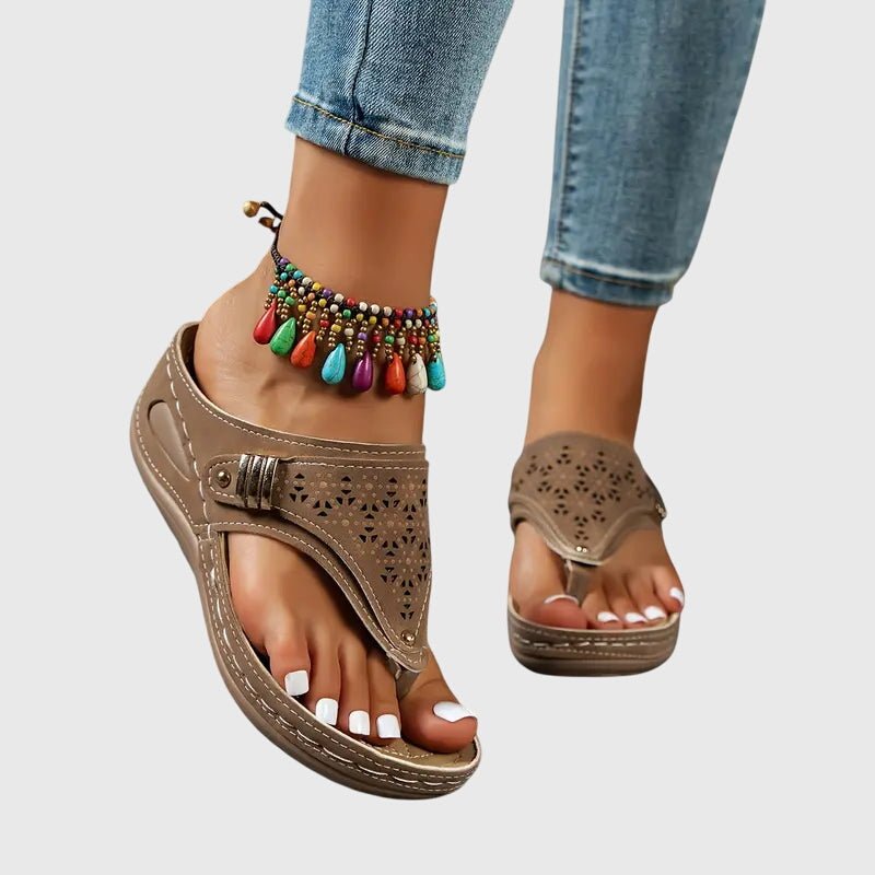 Alice - Women's Orthopaedic Wedge Sandals with Toe Post - Sandals - Brown - Davies & Cooper