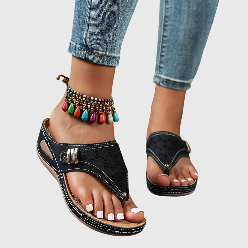 Alice - Women's Orthopaedic Wedge Sandals with Toe Post - Sandals - Black - Davies & Cooper