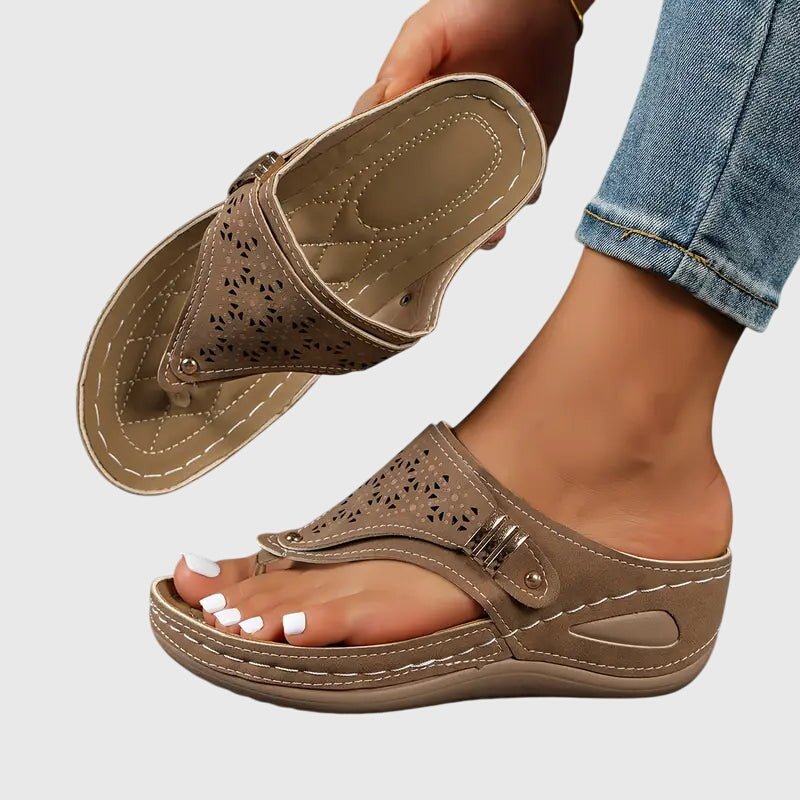 Alice - Women's Orthopaedic Wedge Sandals with Toe Post - Sandals - Brown - Davies & Cooper