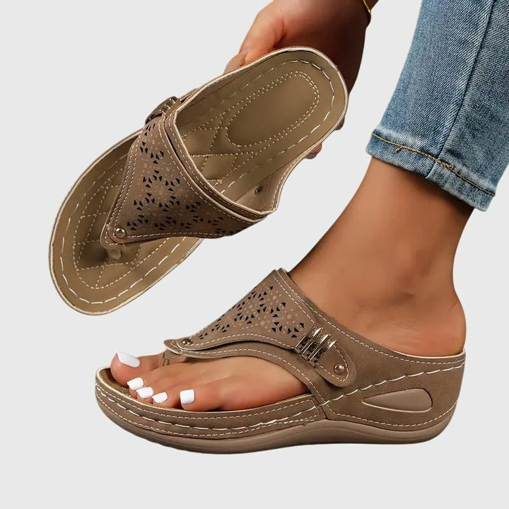 Alice - Women's Orthopaedic Wedge Sandals with Toe Post - Sandals - Brown - Davies & Cooper