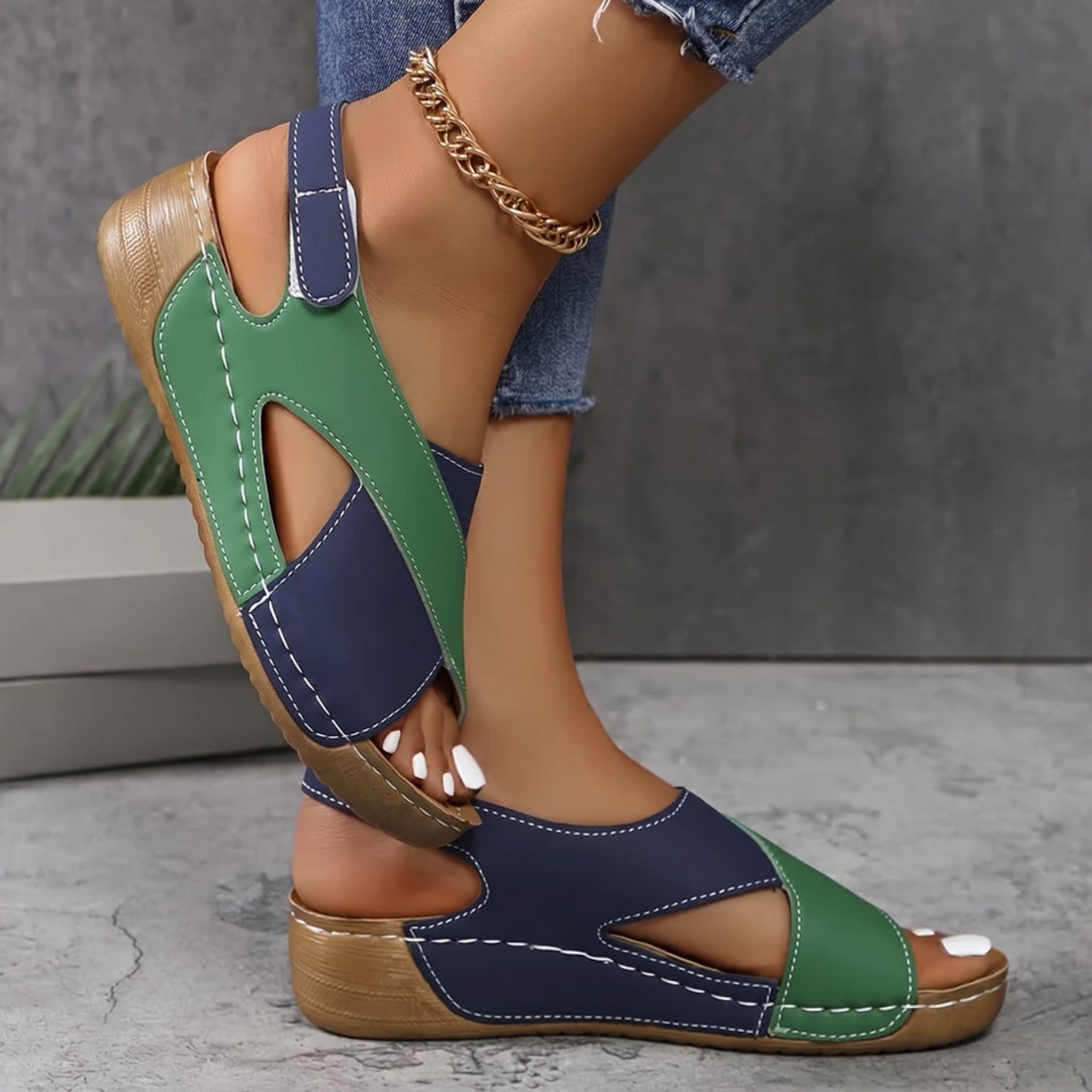 Alice - Women's Orthopaedic Wedge Sandals with Velcro Strap - Sandals - Green - Davies & Cooper