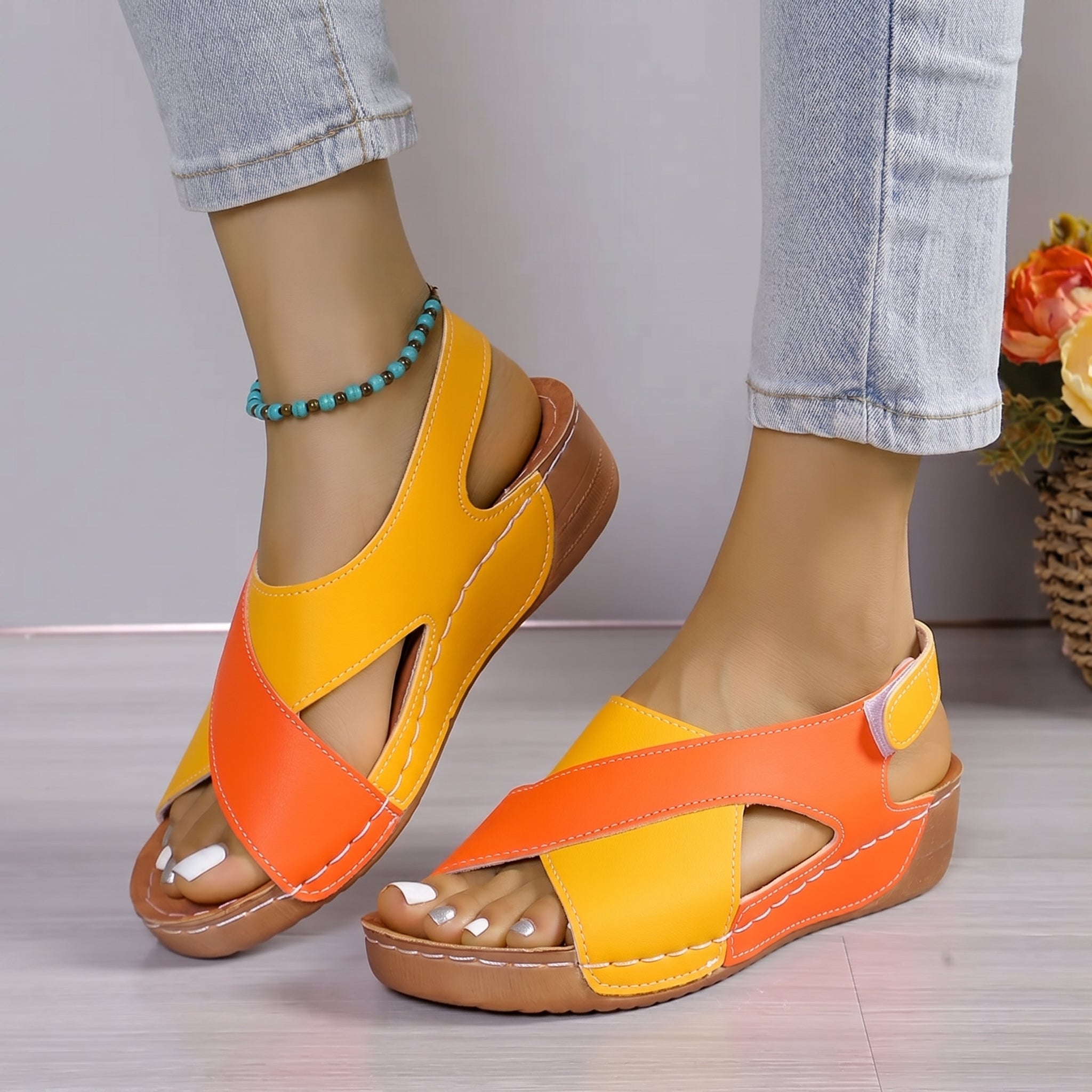 Alice - Women's Orthopaedic Wedge Sandals with Velcro Strap - Sandals - Yellow - Davies & Cooper