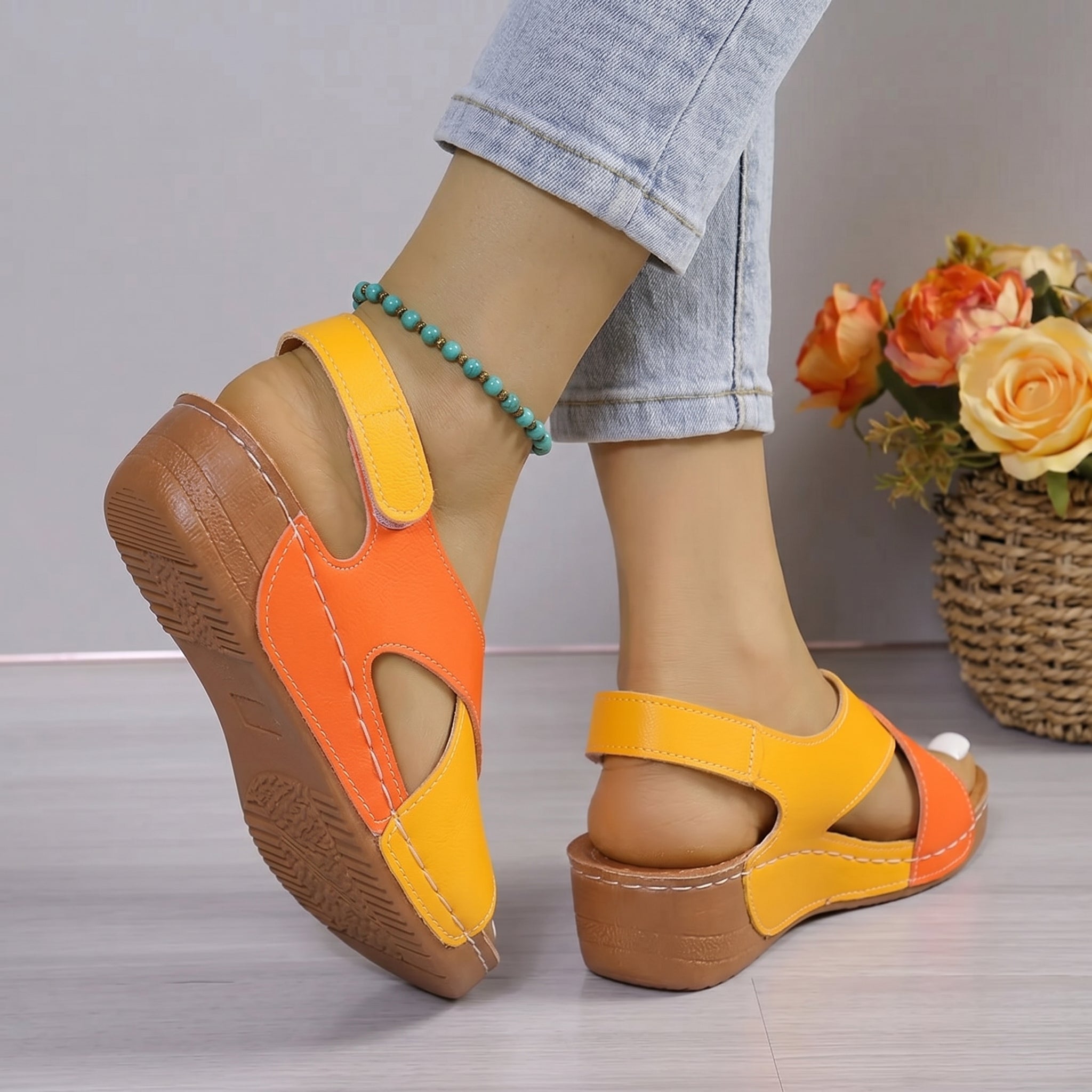Alice - Women's Orthopaedic Wedge Sandals with Velcro Strap - Sandals - Yellow - Davies & Cooper