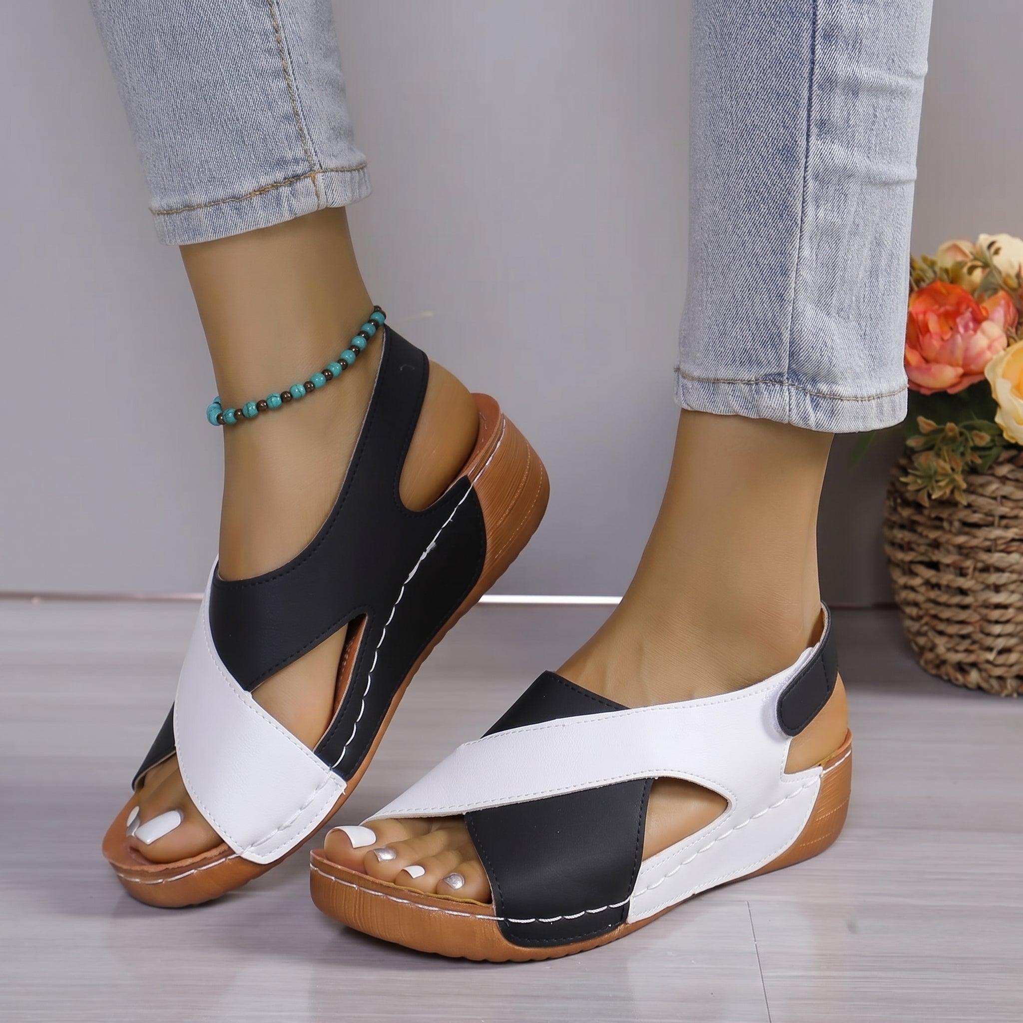 Alice - Women's Orthopaedic Wedge Sandals with Velcro Strap - Sandals - Black - Davies & Cooper