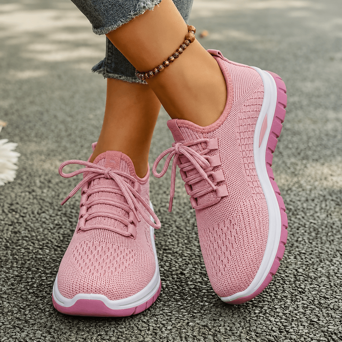 Alice - Women's Orthopaedic Wide Fit Lace-Up Trainers with Cushioned Sole - Sneakers - Pink - Davies & Cooper