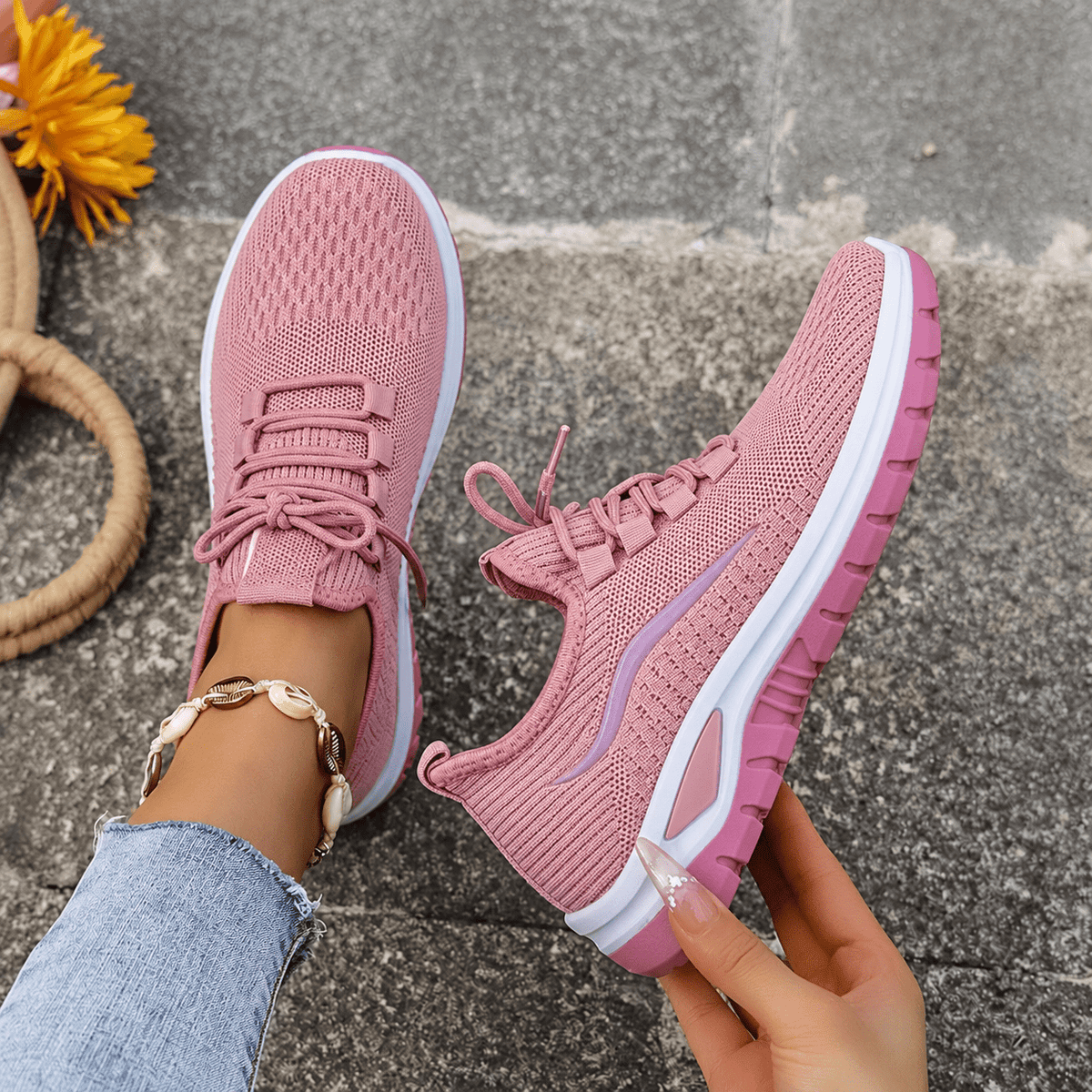 Alice - Women's Orthopaedic Wide Fit Lace-Up Trainers with Cushioned Sole - Sneakers - Pink - Davies & Cooper