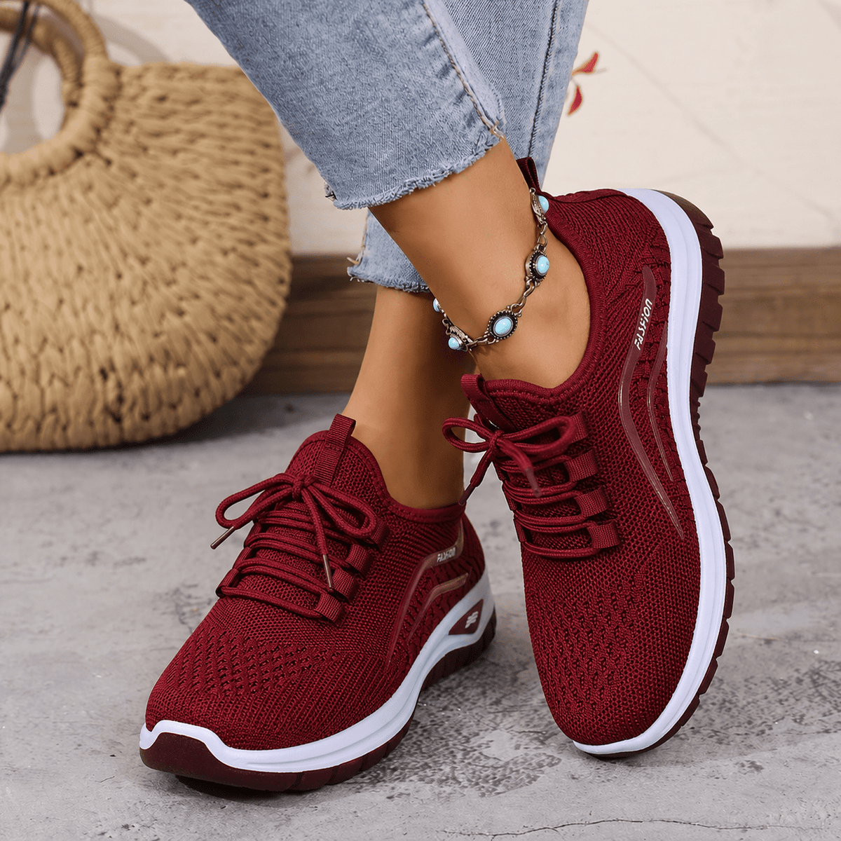 Alice - Women's Orthopaedic Wide Fit Lace-Up Trainers with Cushioned Sole - Sneakers - Red - Davies & Cooper