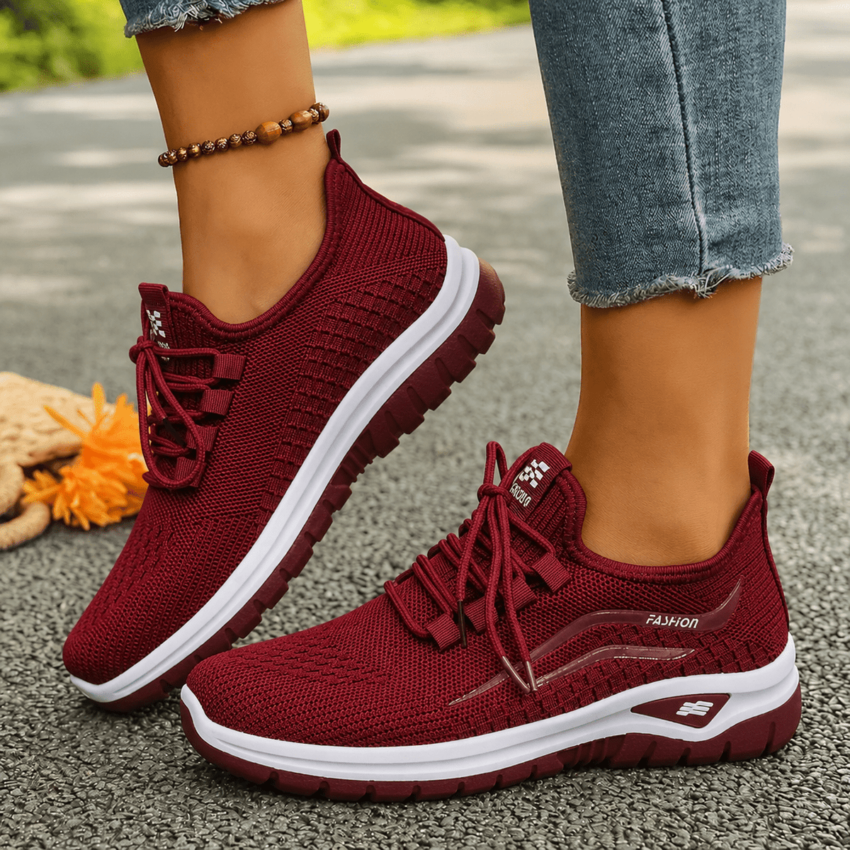 Alice - Women's Orthopaedic Wide Fit Lace-Up Trainers with Cushioned Sole - Sneakers - Red - Davies & Cooper