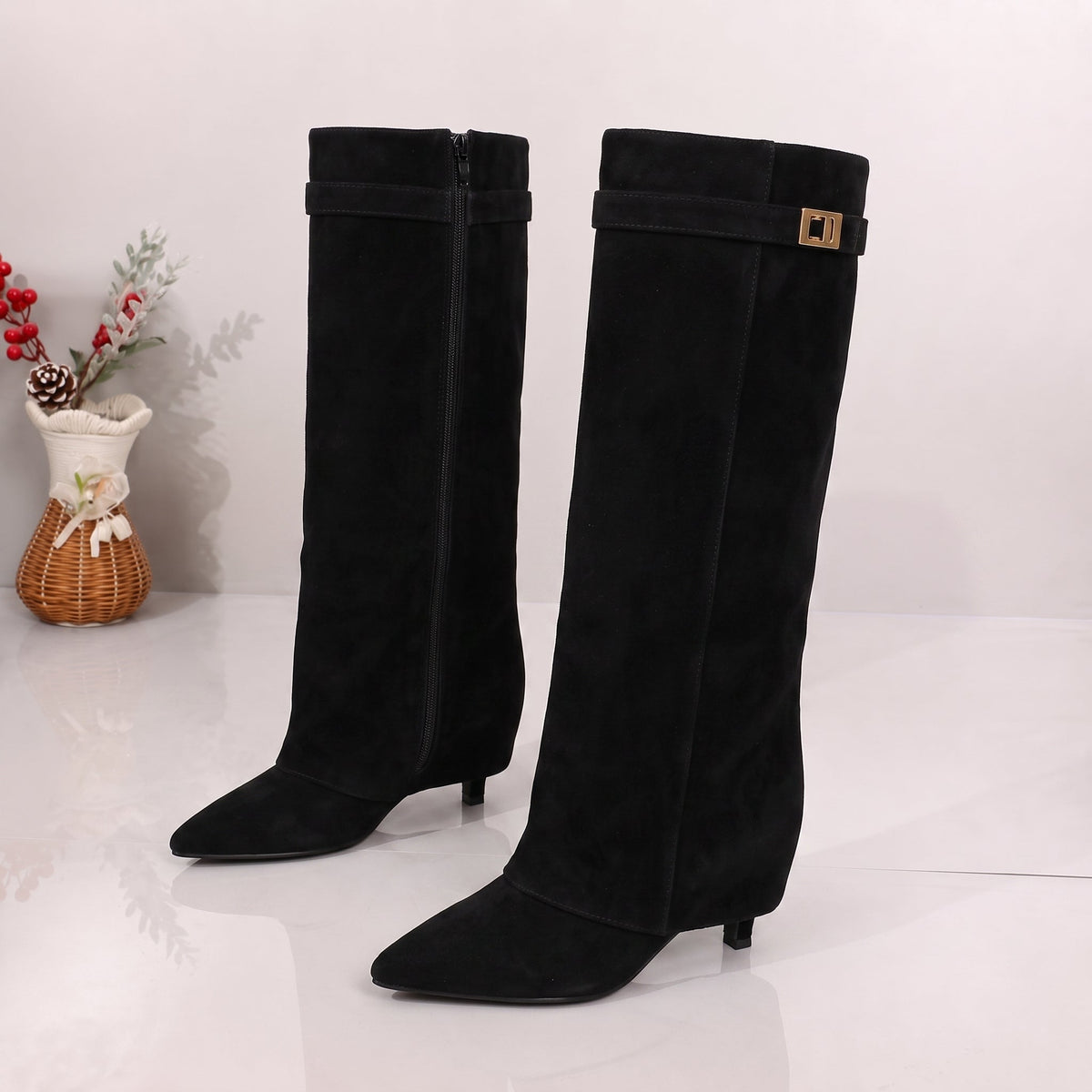 Alice - Women's Pointed Toe Knee-High Boots with Fold-Over Cuff - Boots - Black - Davies & Cooper