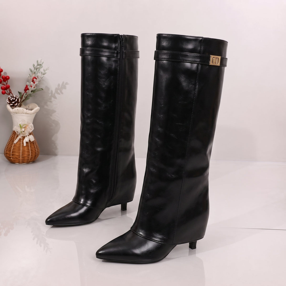 Alice - Women's Pointed Toe Knee-High Boots with Fold-Over Cuff - Boots - Black - Davies & Cooper