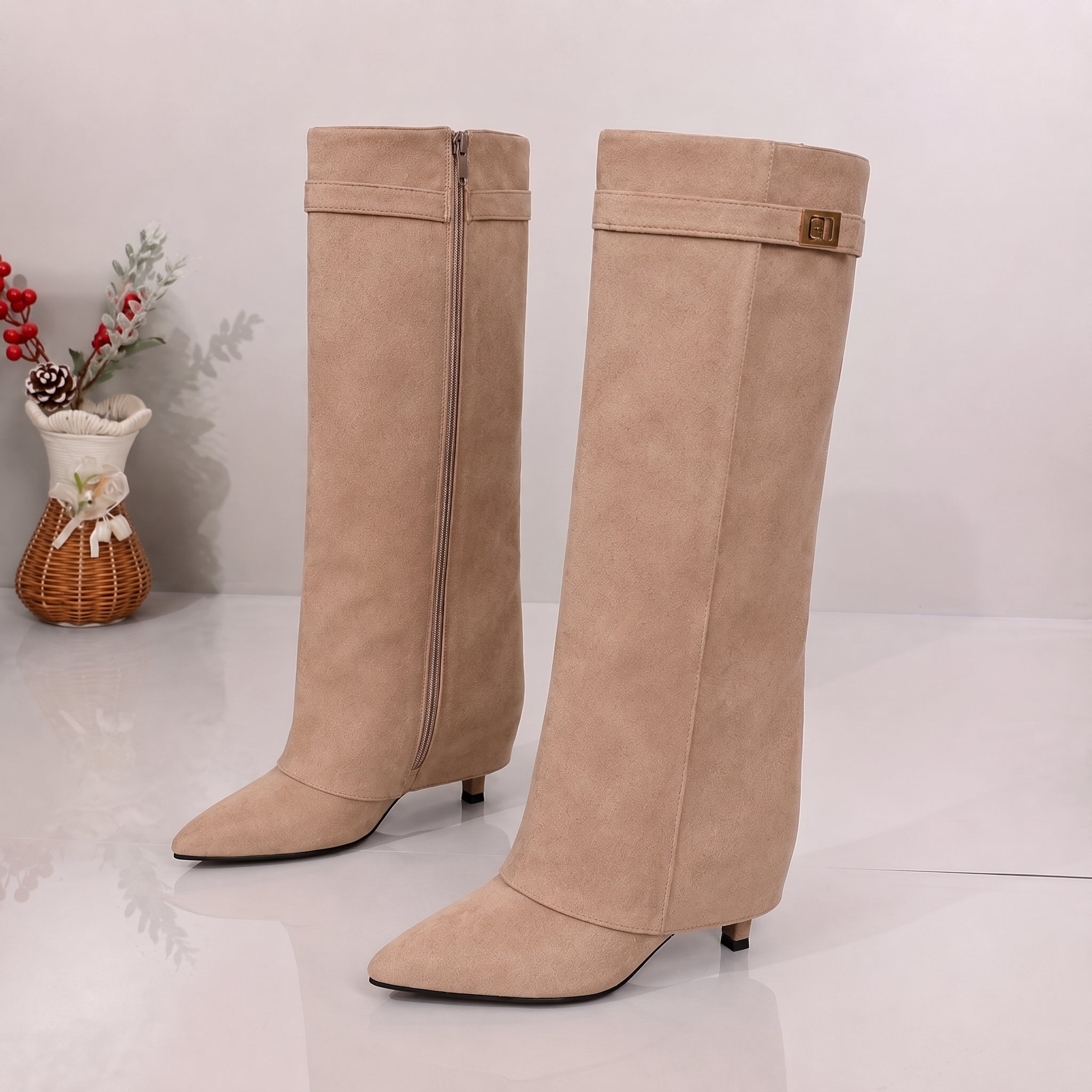 Alice - Women's Pointed Toe Knee-High Boots with Fold-Over Cuff - Boots - Beige - Davies & Cooper