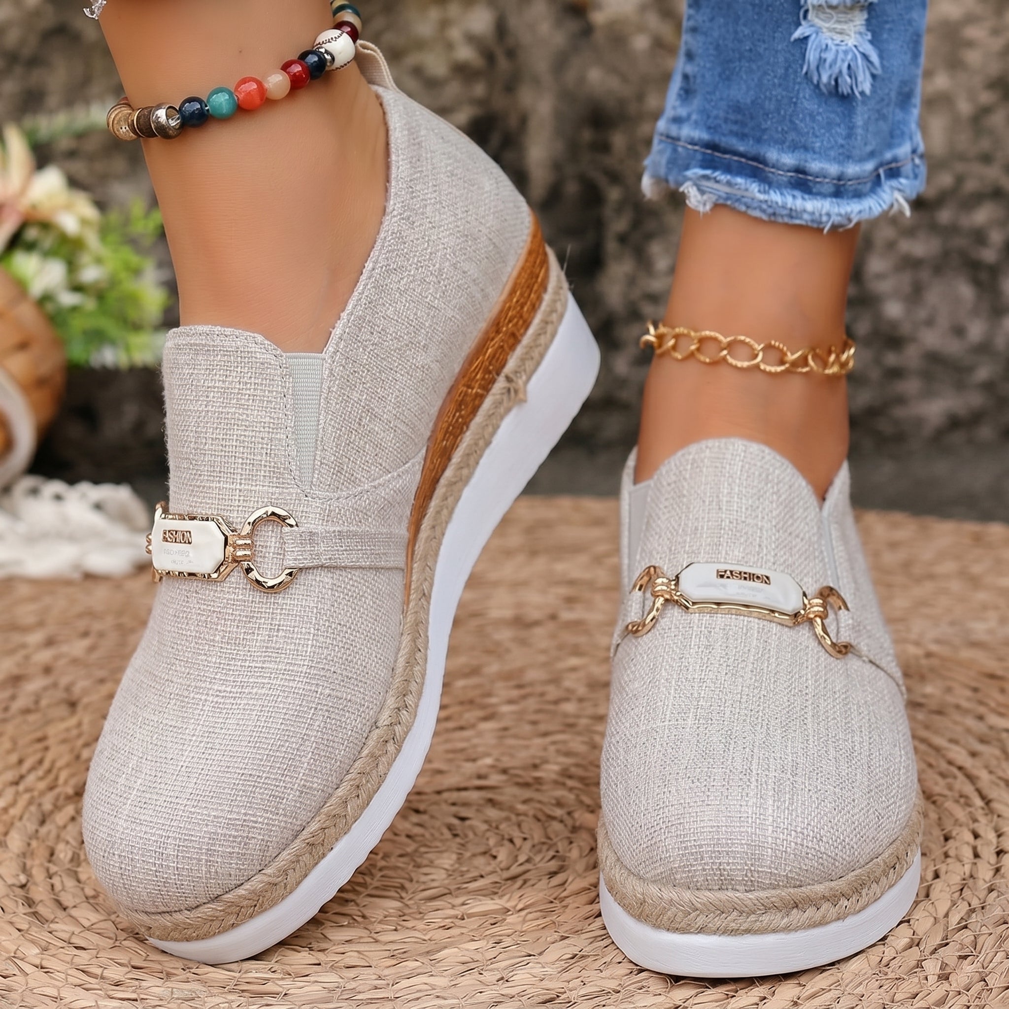 Alice - Women's Slip-On Espadrille Platform Trainers - Trainers - Beige - Davies & Cooper