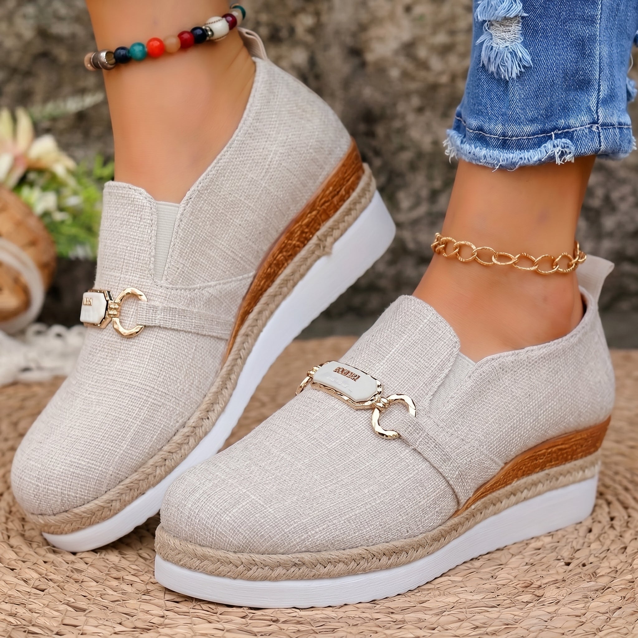 Alice - Women's Slip-On Espadrille Platform Trainers - Trainers - Beige - Davies & Cooper