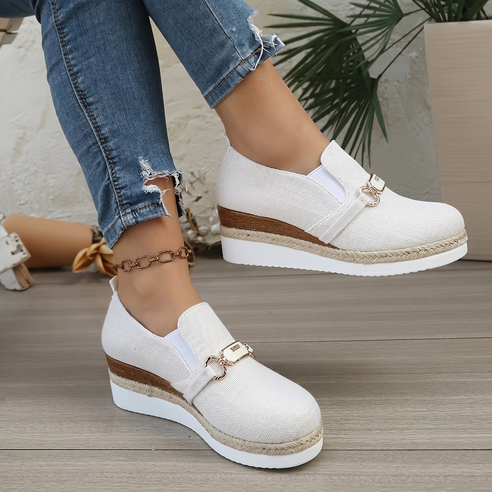 Alice - Women's Slip-On Espadrille Platform Trainers - Trainers - White - Davies & Cooper
