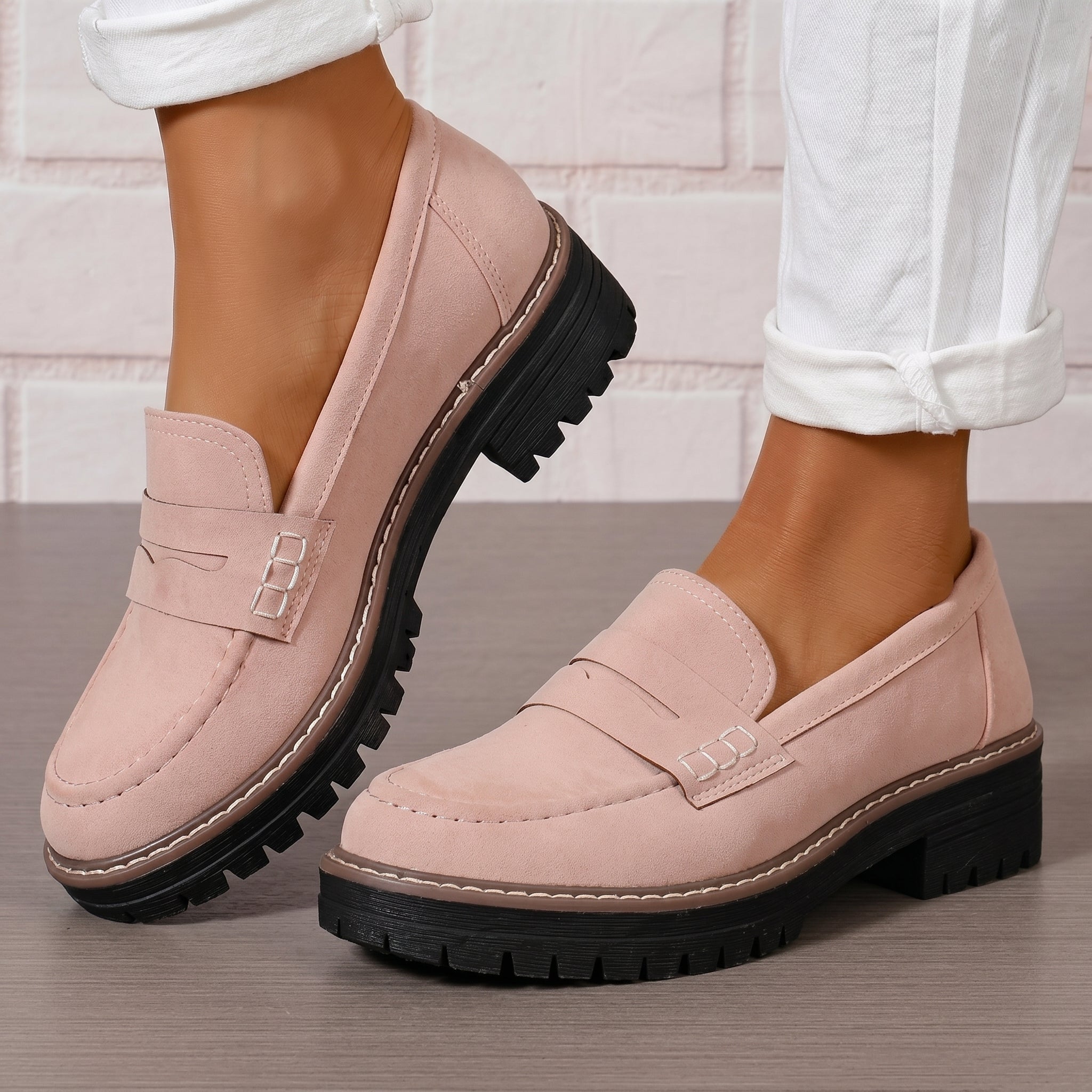 Alice - Women's Stitched Chunky Sole Penny Loafers - Shoes Women - Light Pink - Davies & Cooper
