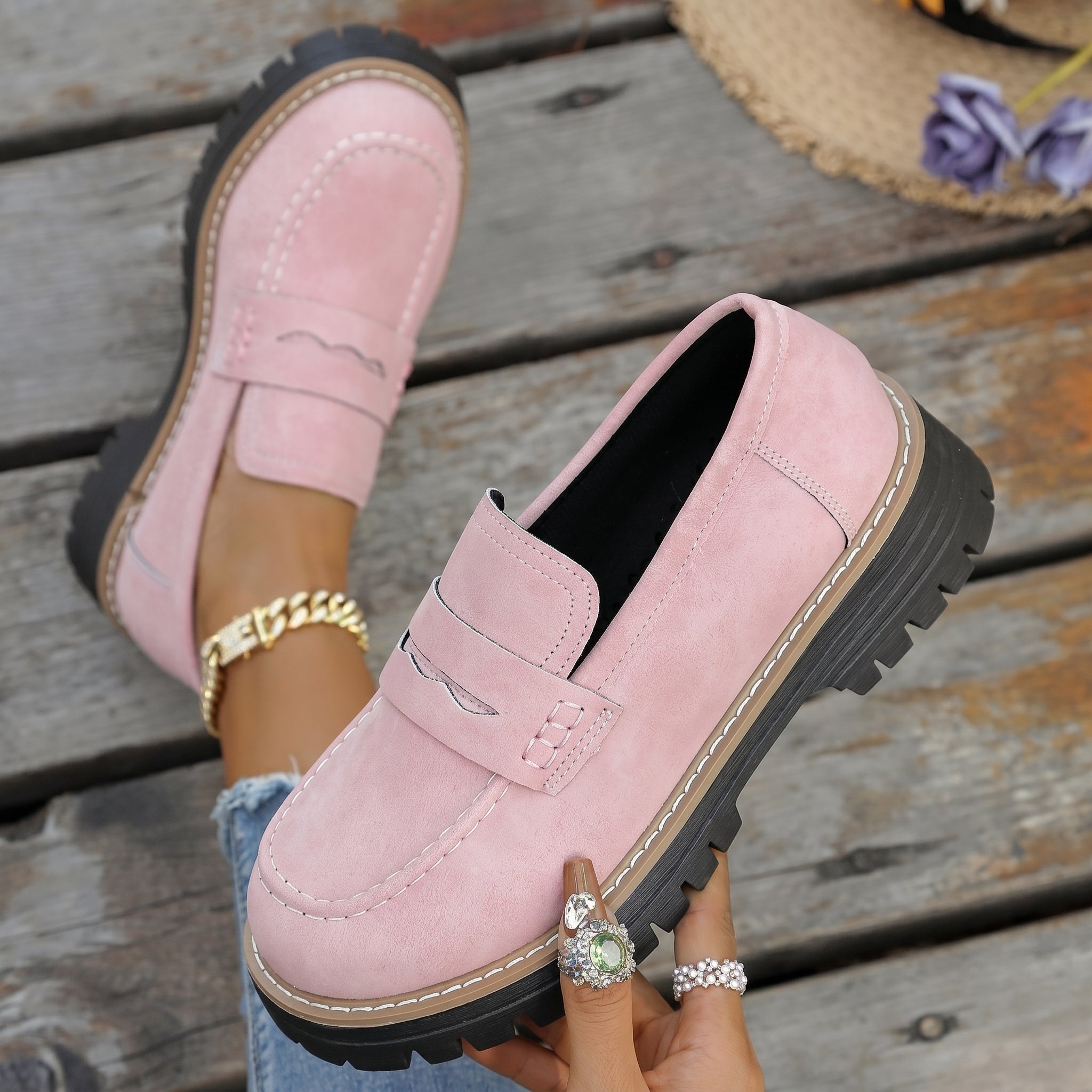 Alice - Women's Stitched Chunky Sole Penny Loafers - Shoes Women - Pink - Davies & Cooper