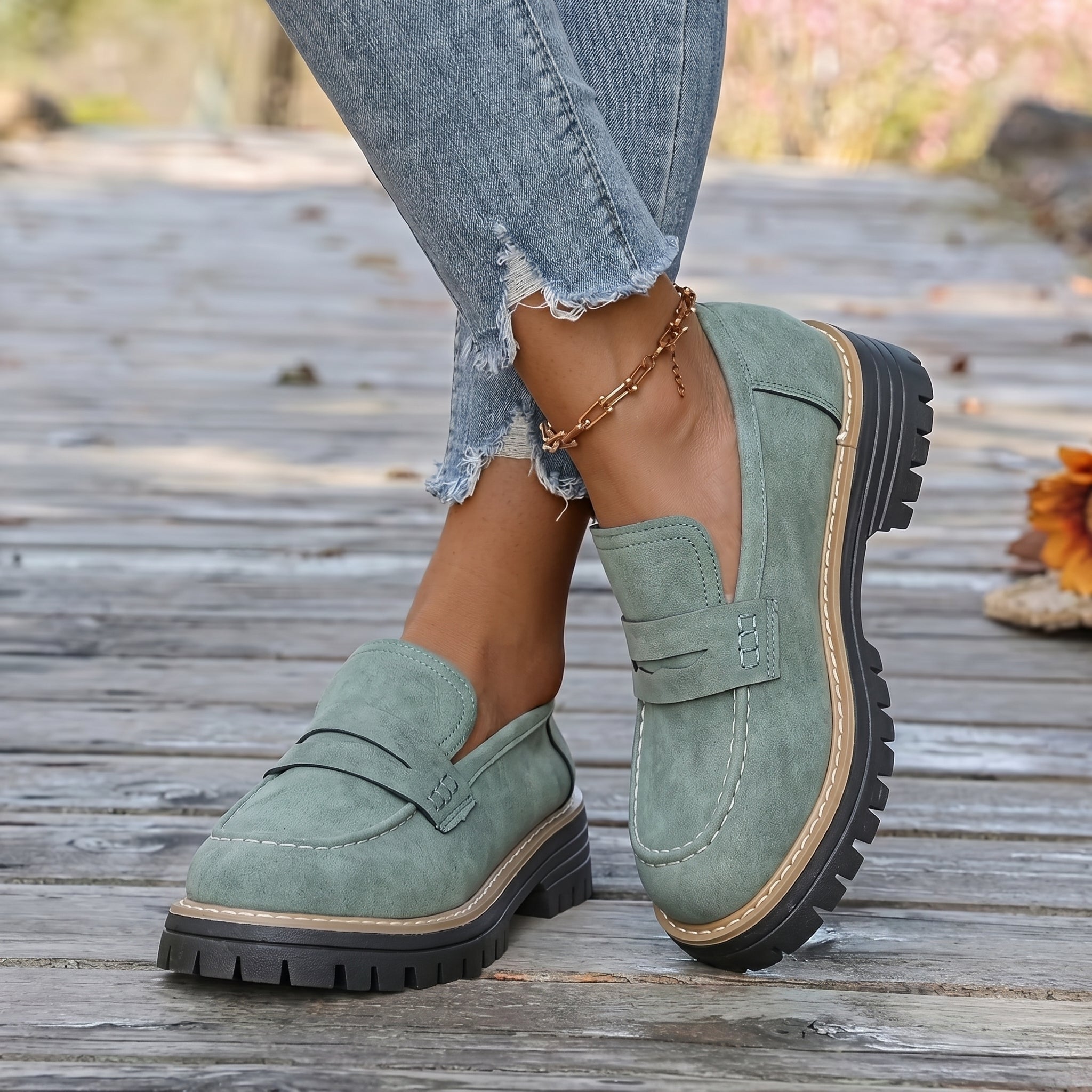 Alice - Women's Stitched Chunky Sole Penny Loafers - Shoes Women - Green - Davies & Cooper