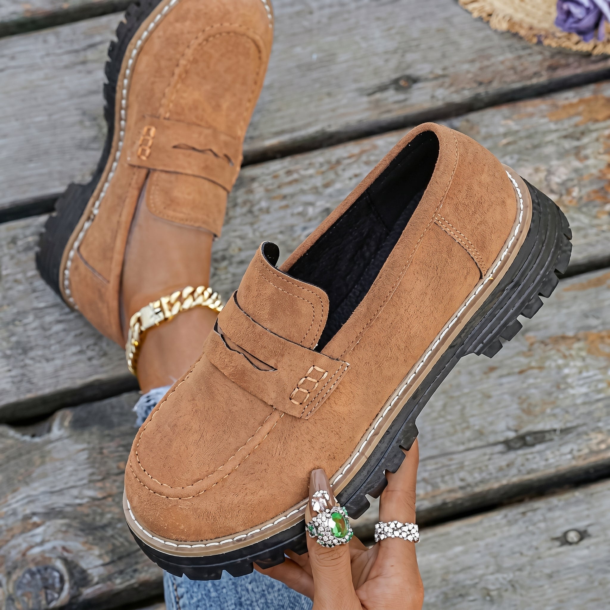 Alice - Women's Stitched Chunky Sole Penny Loafers - Shoes Women - Brown - Davies & Cooper
