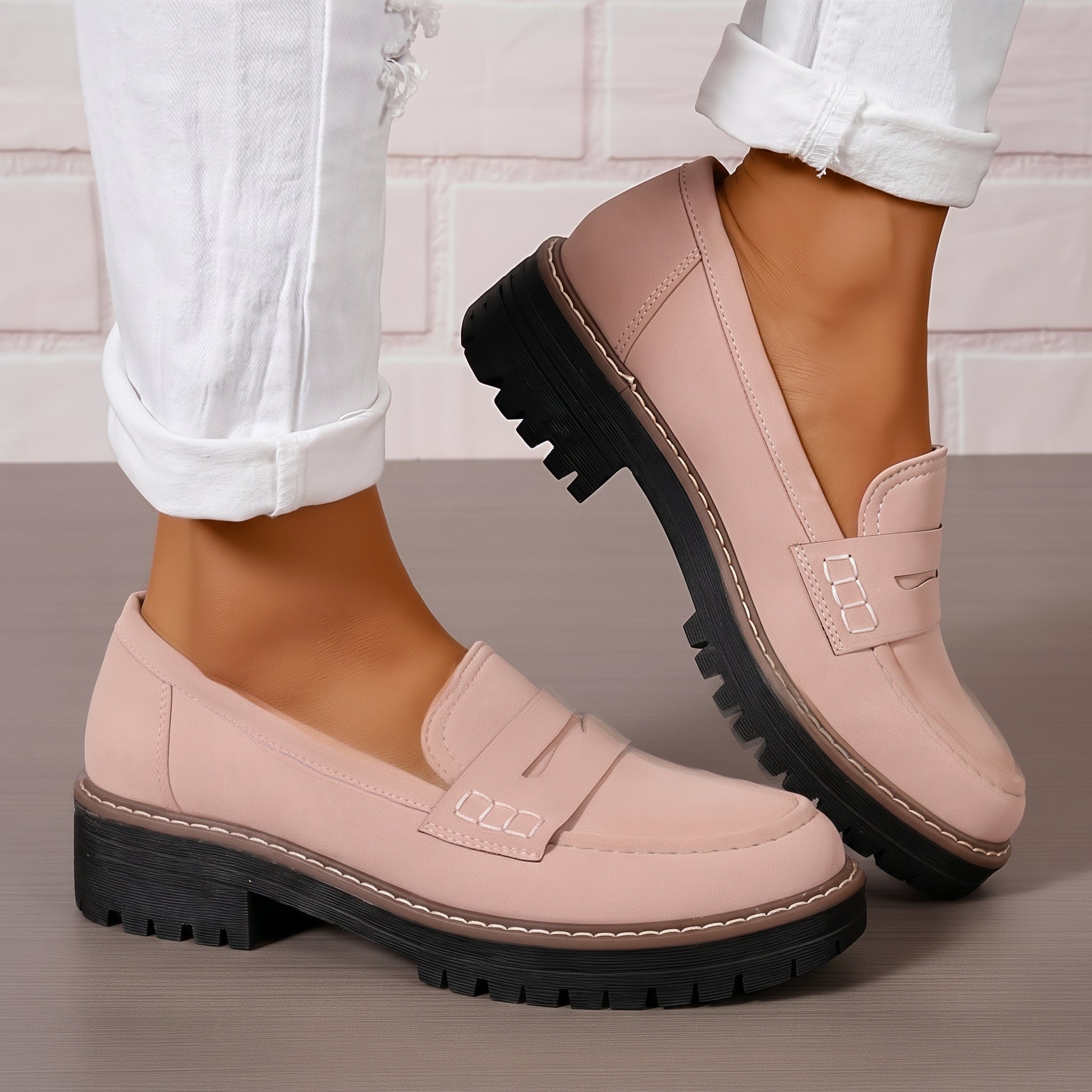 Alice - Women's Stitched Chunky Sole Penny Loafers - Shoes Women - Light Pink - Davies & Cooper
