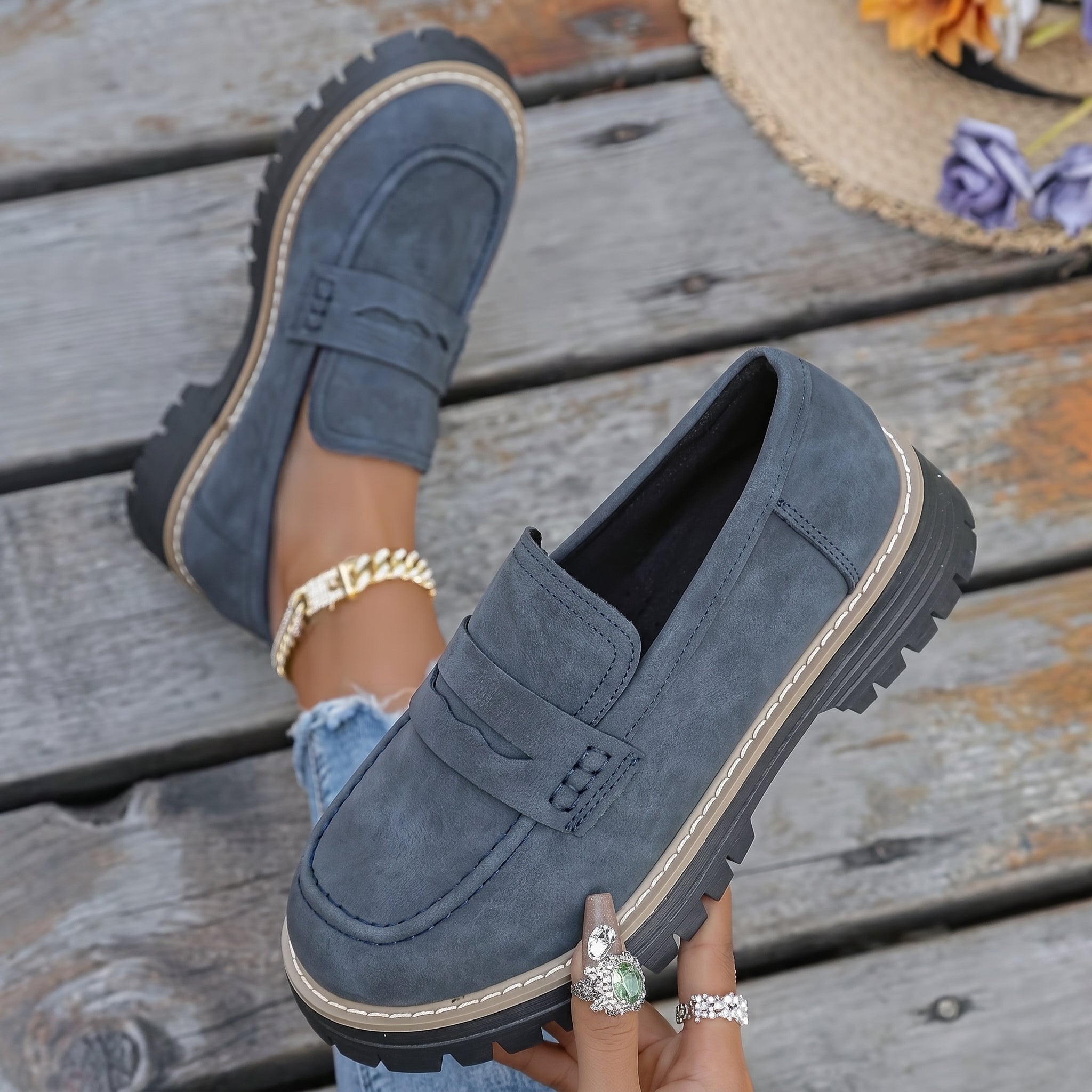 Alice - Women's Stitched Chunky Sole Penny Loafers - Shoes Women - Navy - Davies & Cooper