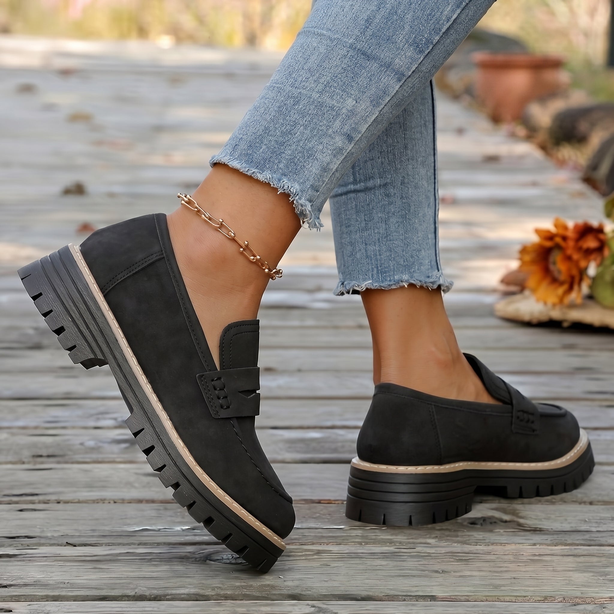 Alice - Women's Stitched Chunky Sole Penny Loafers - Shoes Women - Black - Davies & Cooper