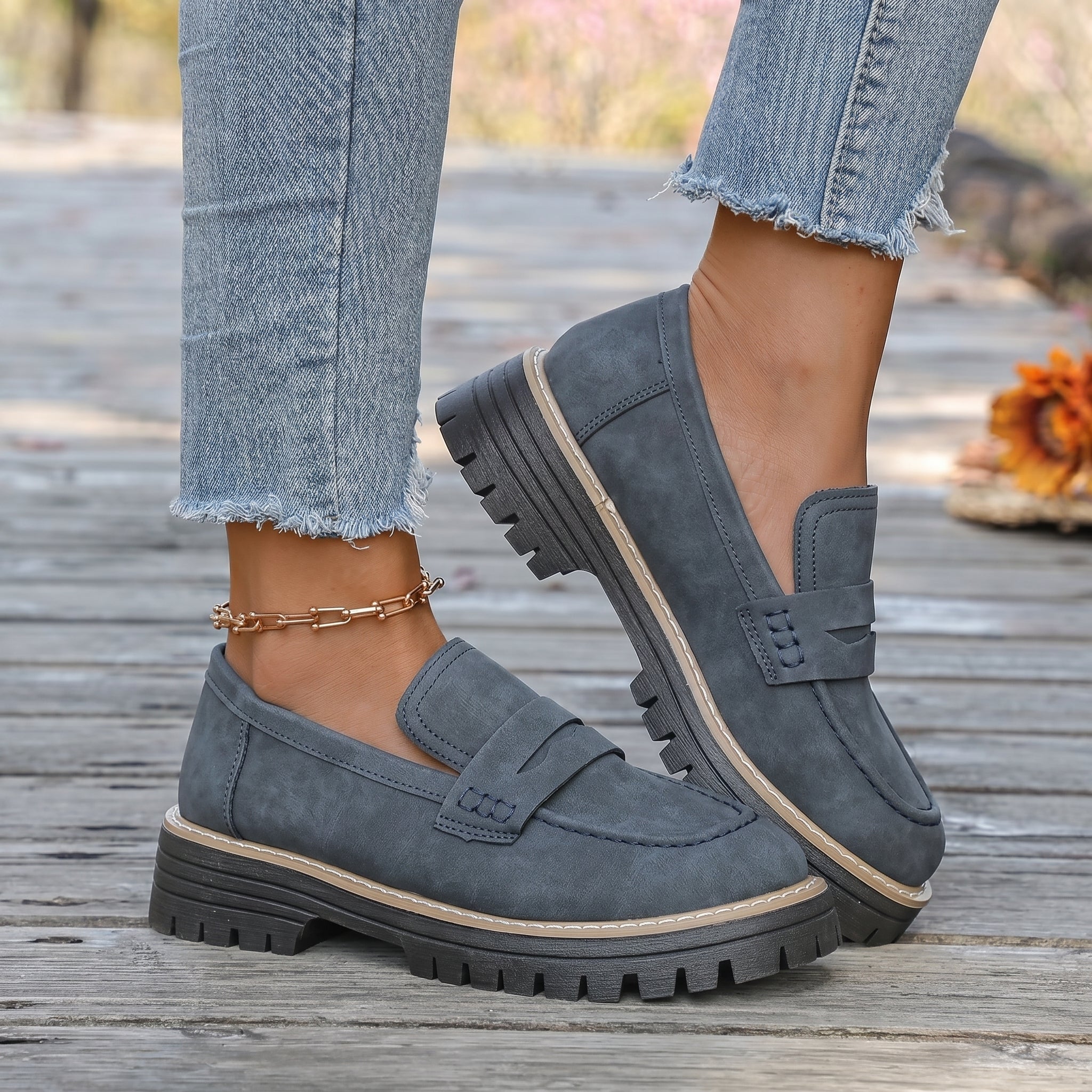 Alice - Women's Stitched Chunky Sole Penny Loafers - Shoes Women - Navy - Davies & Cooper