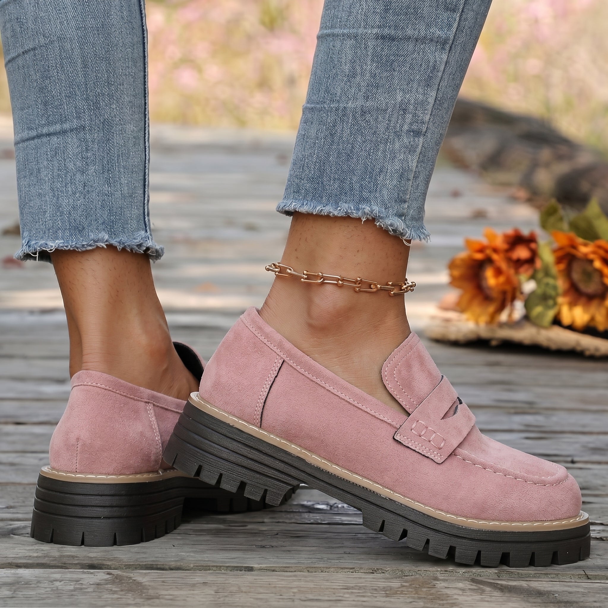 Alice - Women's Stitched Chunky Sole Penny Loafers - Shoes Women - Pink - Davies & Cooper