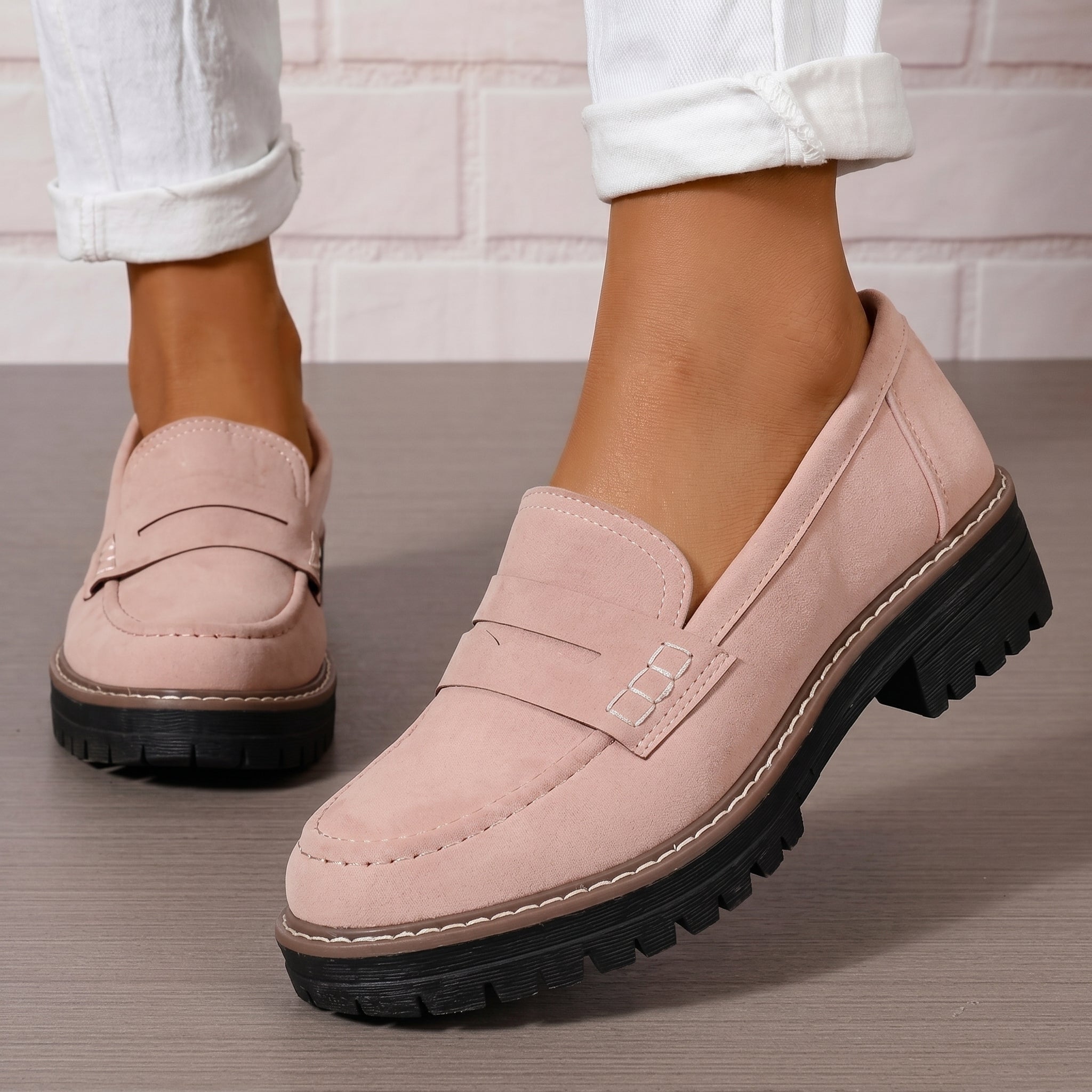 Alice - Women's Stitched Chunky Sole Penny Loafers - Shoes Women - Light Pink - Davies & Cooper